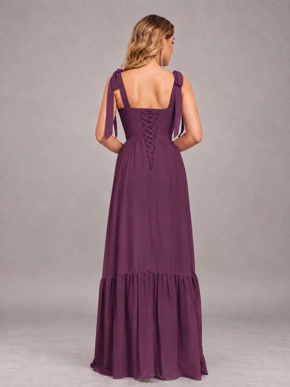 Plum Chic Sleeveless Lace Up Back Floor Length Chiffon Bridesmaid Dress
