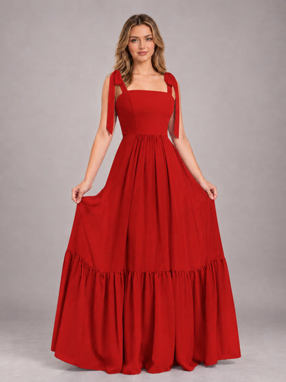 Red Chic Sleeveless Lace Up Back Floor Length Chiffon Bridesmaid Dress