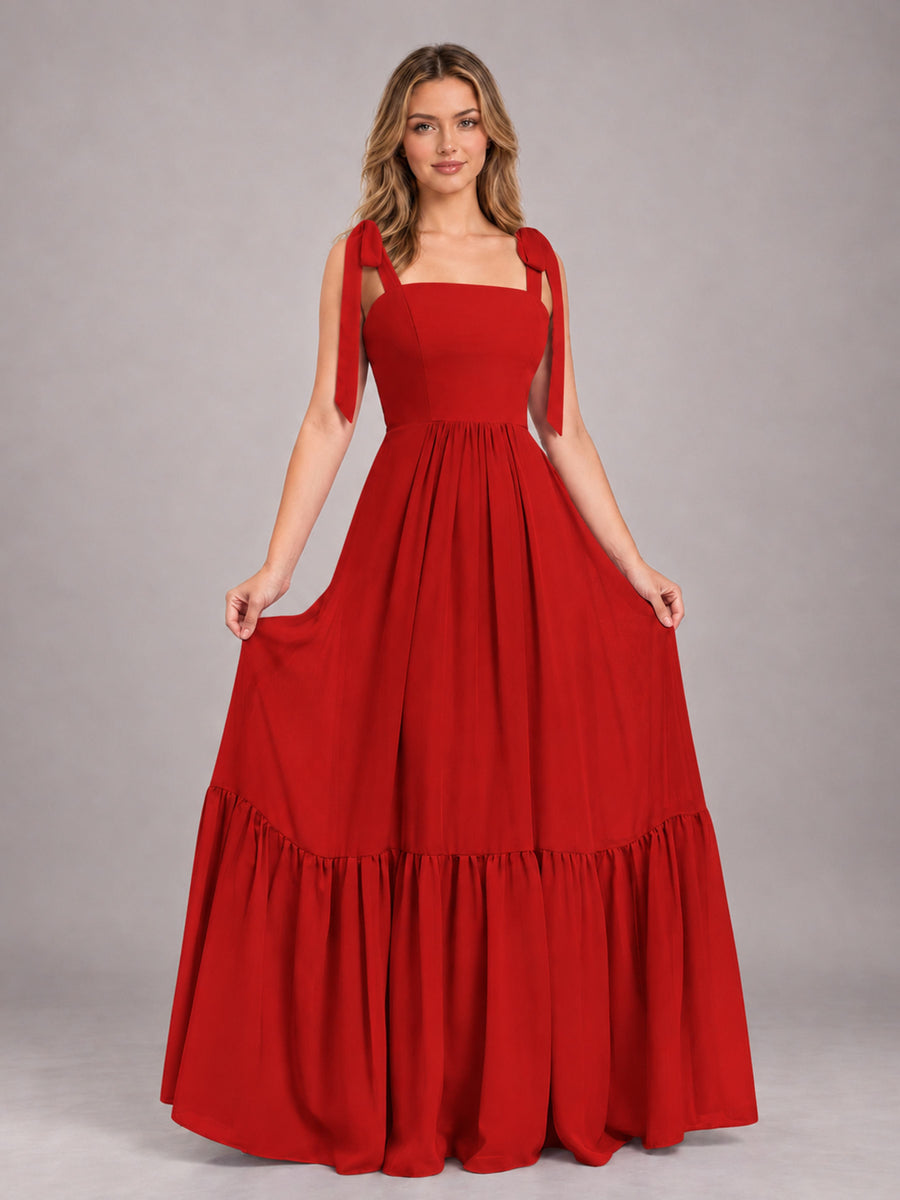 Red Chic Sleeveless Lace Up Back Floor Length Chiffon Bridesmaid Dress