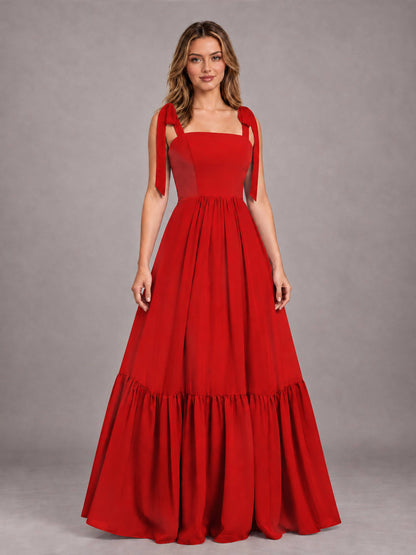 Red Chic Sleeveless Lace Up Back Floor Length Chiffon Bridesmaid Dress