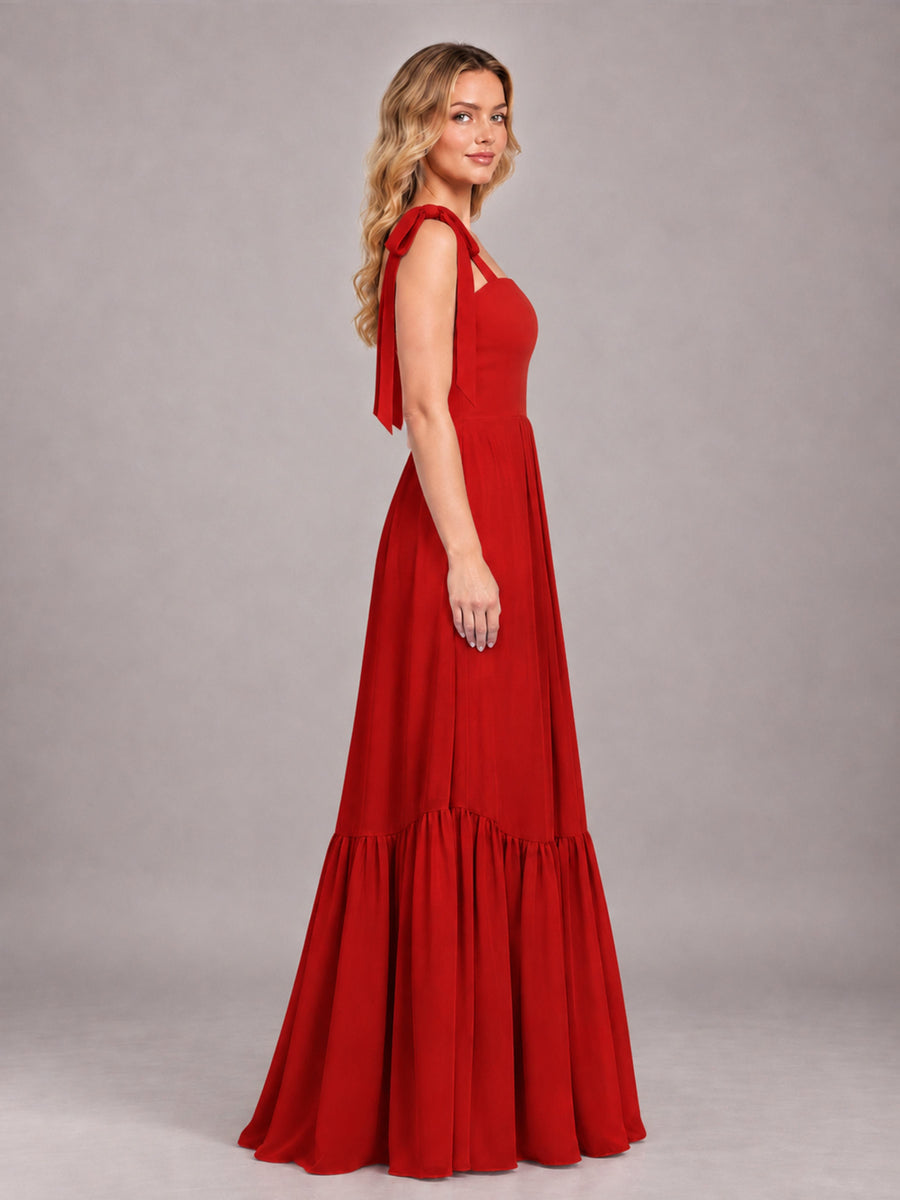Red Chic Sleeveless Lace Up Back Floor Length Chiffon Bridesmaid Dress