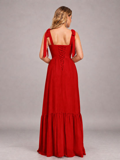 Red Chic Sleeveless Lace Up Back Floor Length Chiffon Bridesmaid Dress