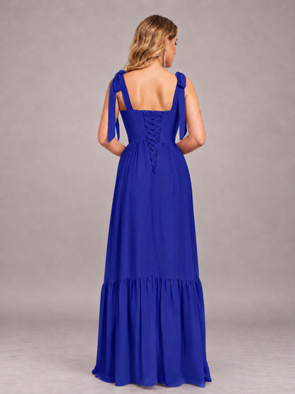 Royal Blue Chic Sleeveless Lace Up Back Floor Length Chiffon Bridesmaid Dress