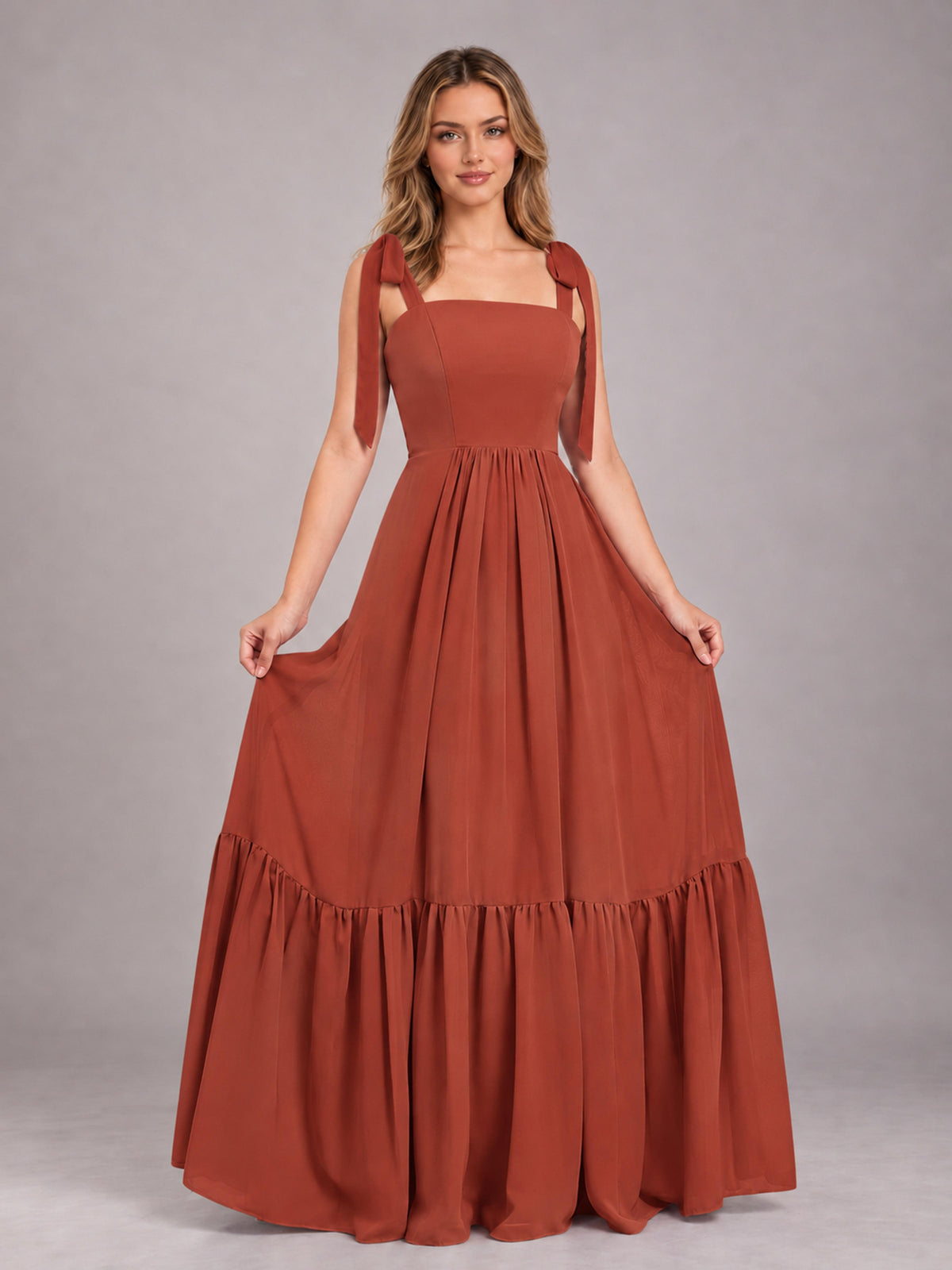 Rust Chic Sleeveless Lace Up Back Floor Length Chiffon Bridesmaid Dress
