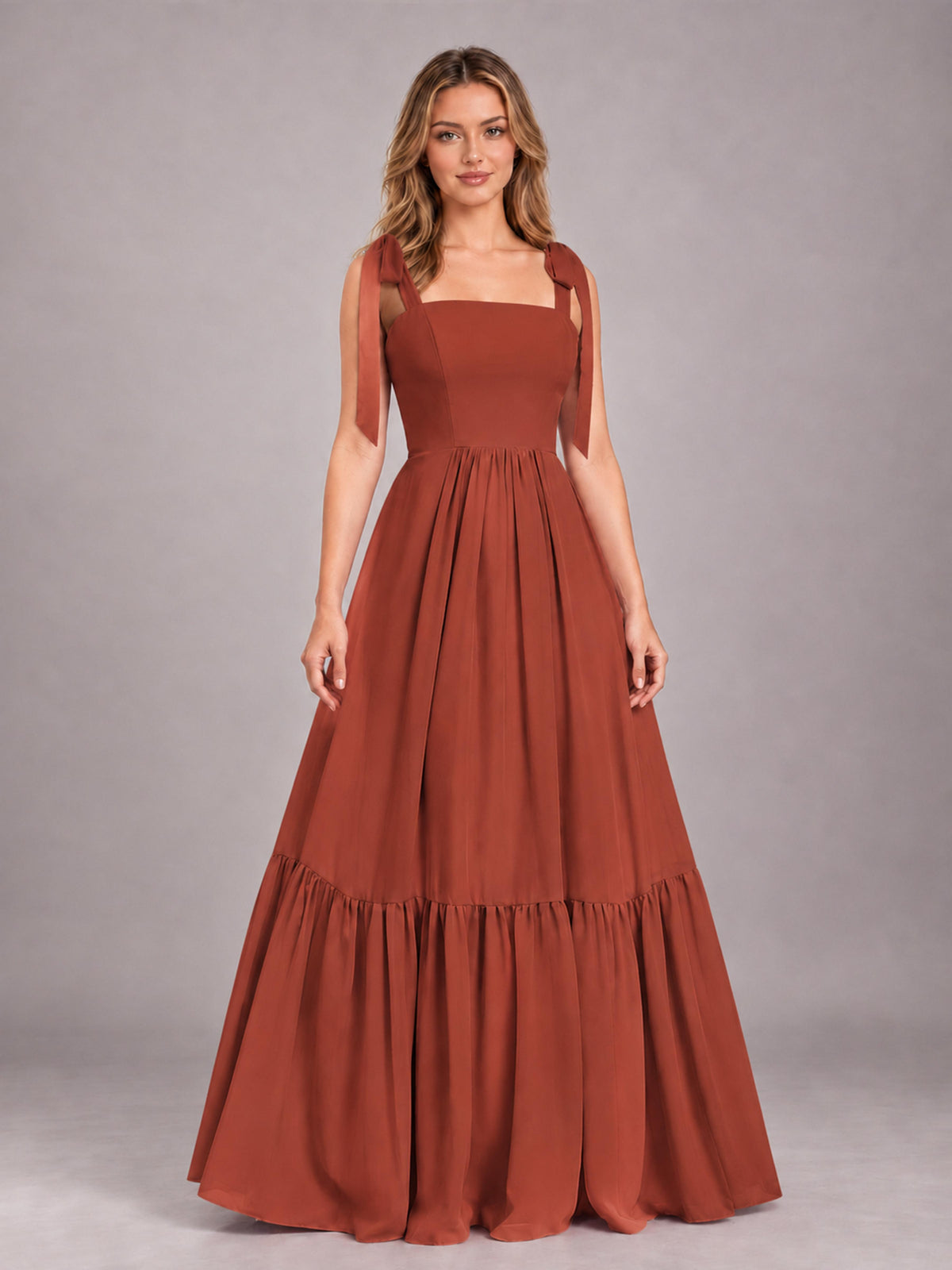 Rust Chic Sleeveless Lace Up Back Floor Length Chiffon Bridesmaid Dress