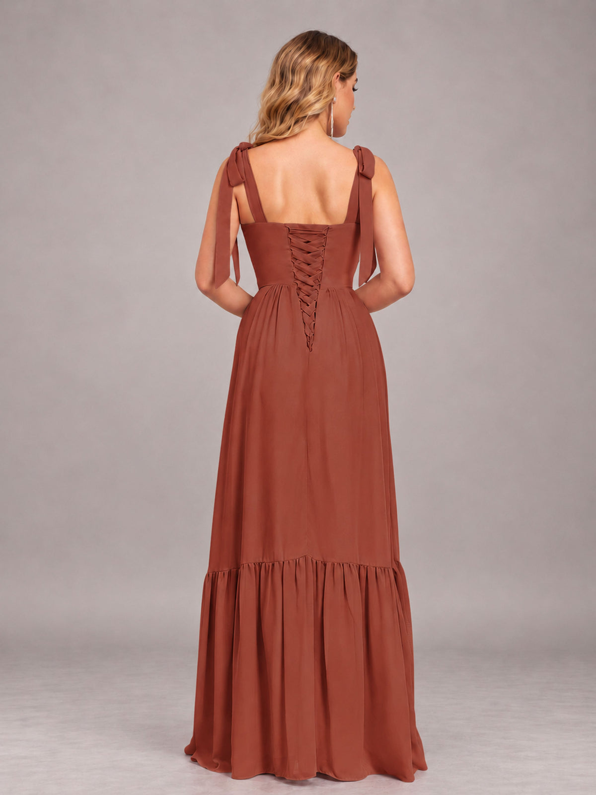 Rust Chic Sleeveless Lace Up Back Floor Length Chiffon Bridesmaid Dress