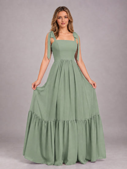 Sage Green Chic Sleeveless Lace Up Back Floor Length Chiffon Bridesmaid Dress
