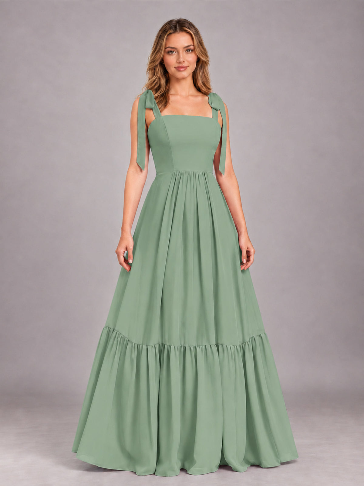 Sage Green Chic Sleeveless Lace Up Back Floor Length Chiffon Bridesmaid Dress
