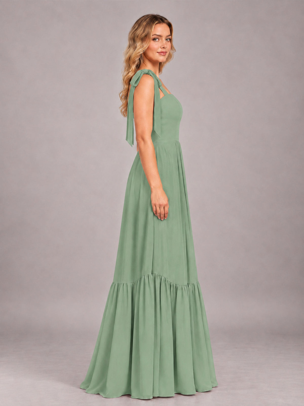 Sage Green Chic Sleeveless Lace Up Back Floor Length Chiffon Bridesmaid Dress
