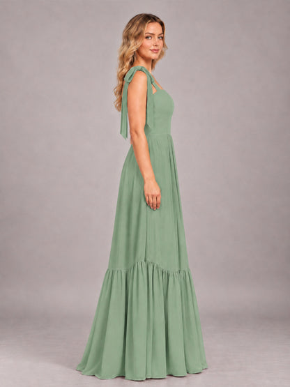 Sage Green Chic Sleeveless Lace Up Back Floor Length Chiffon Bridesmaid Dress