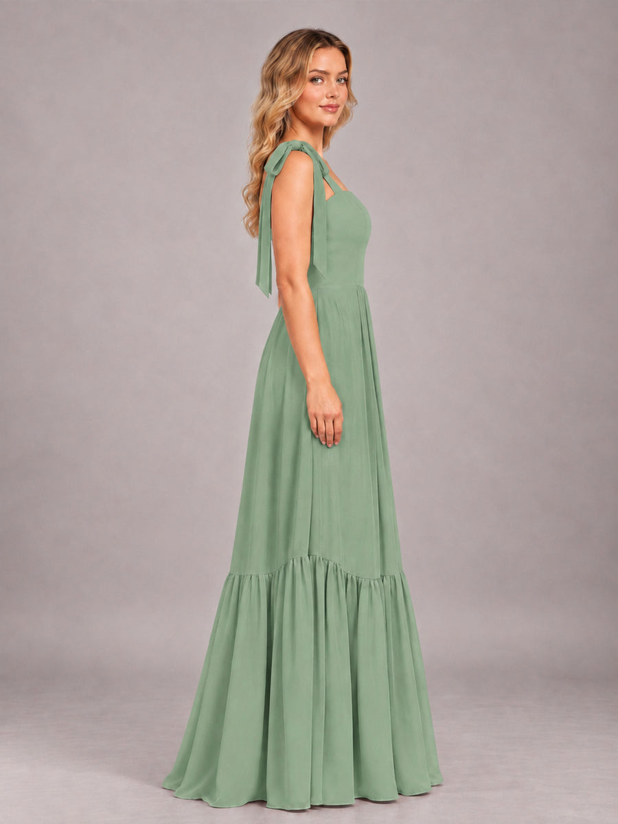 Sage Green Chic Sleeveless Lace Up Back Floor Length Chiffon Bridesmaid Dress