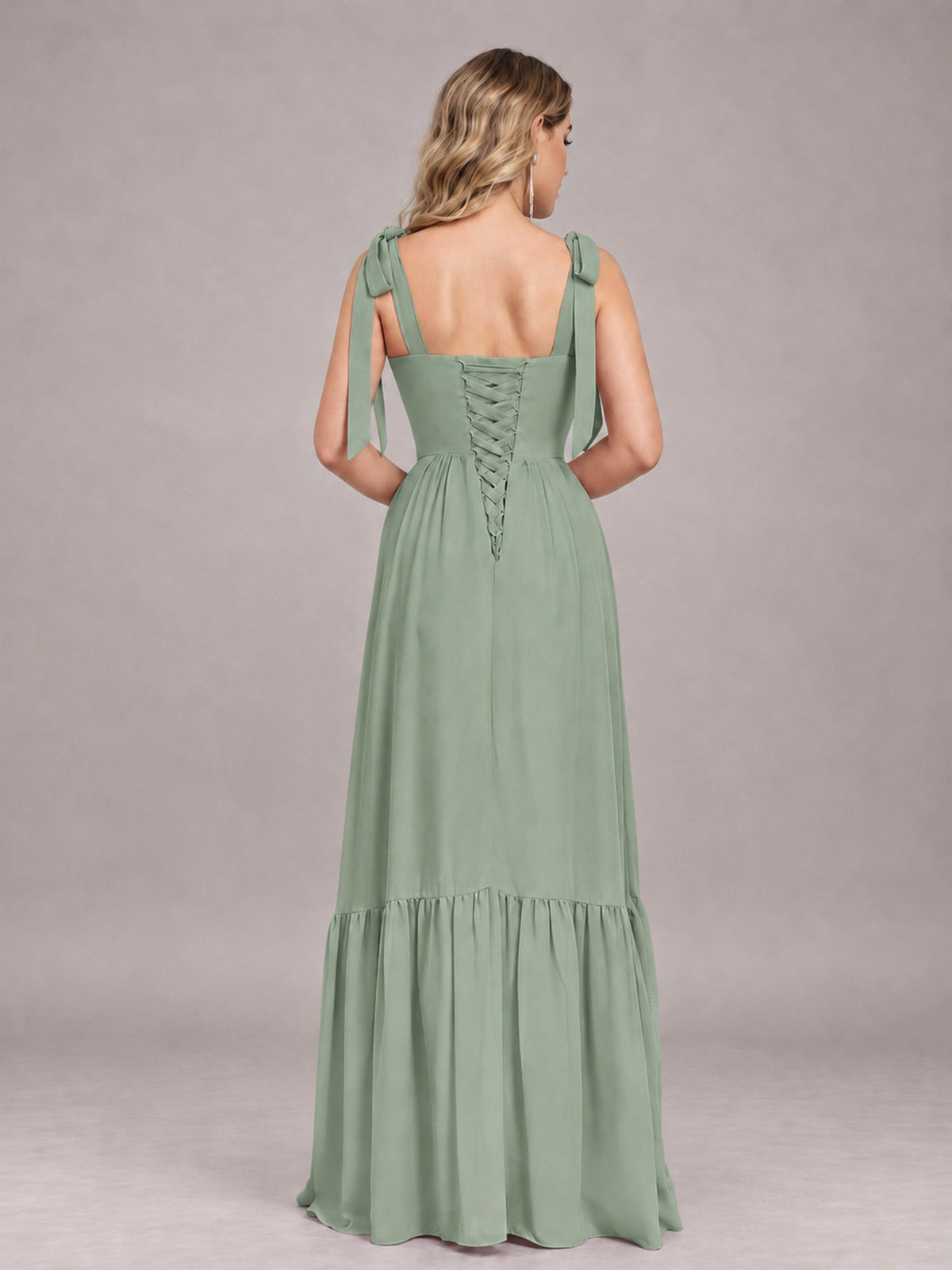 Sage Green Chic Sleeveless Lace Up Back Floor Length Chiffon Bridesmaid Dress