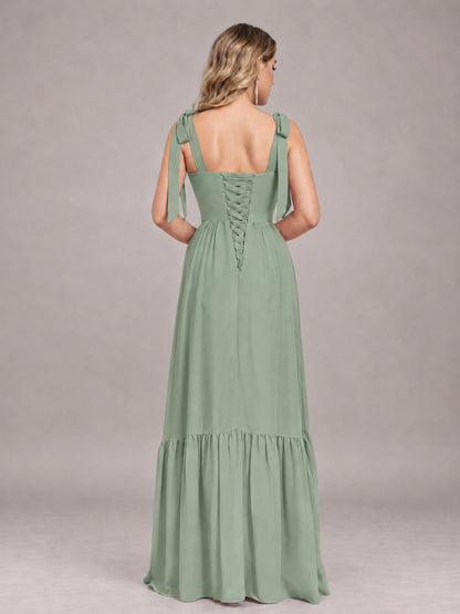 Sage Green Chic Sleeveless Lace Up Back Floor Length Chiffon Bridesmaid Dress
