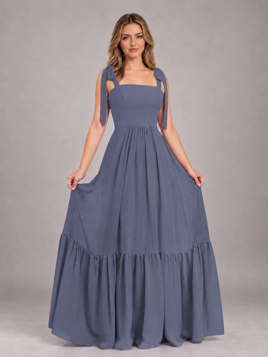 Stormy Blue Chic Sleeveless Lace Up Back Floor Length Chiffon Bridesmaid Dress