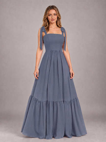 Stormy Blue Chic Sleeveless Lace Up Back Floor Length Chiffon Bridesmaid Dress