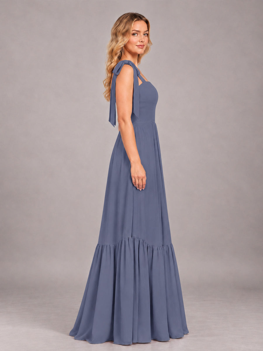 Stormy Blue Chic Sleeveless Lace Up Back Floor Length Chiffon Bridesmaid Dress