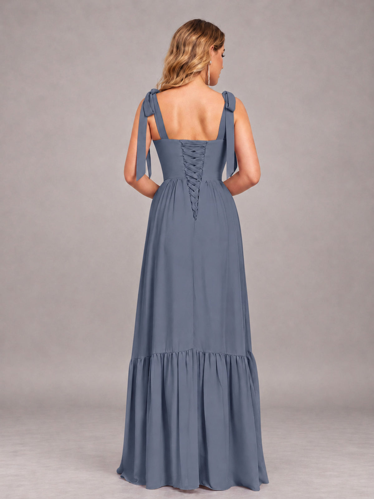 Stormy Blue Chic Sleeveless Lace Up Back Floor Length Chiffon Bridesmaid Dress