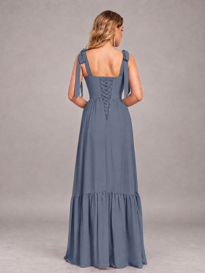 Stormy Blue Chic Sleeveless Lace Up Back Floor Length Chiffon Bridesmaid Dress