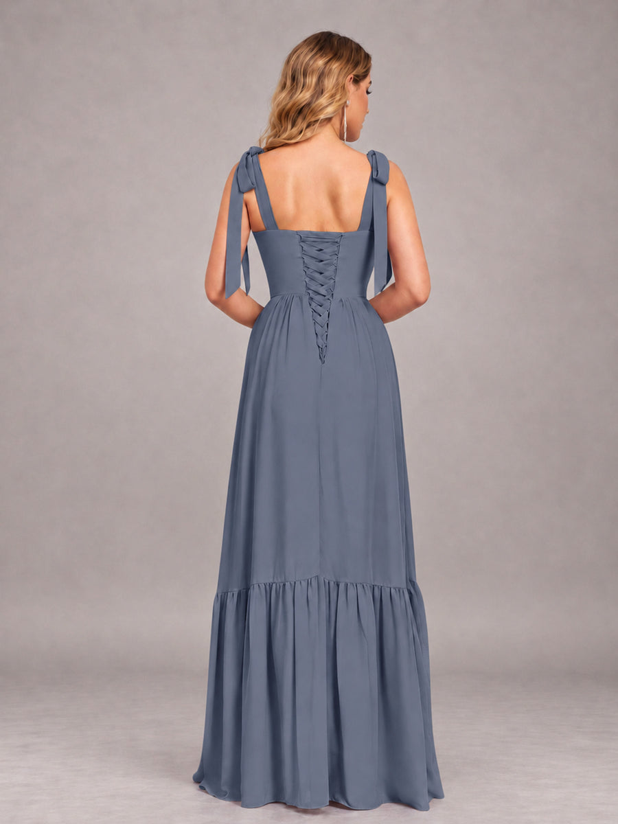 Stormy Blue Chic Sleeveless Lace Up Back Floor Length Chiffon Bridesmaid Dress