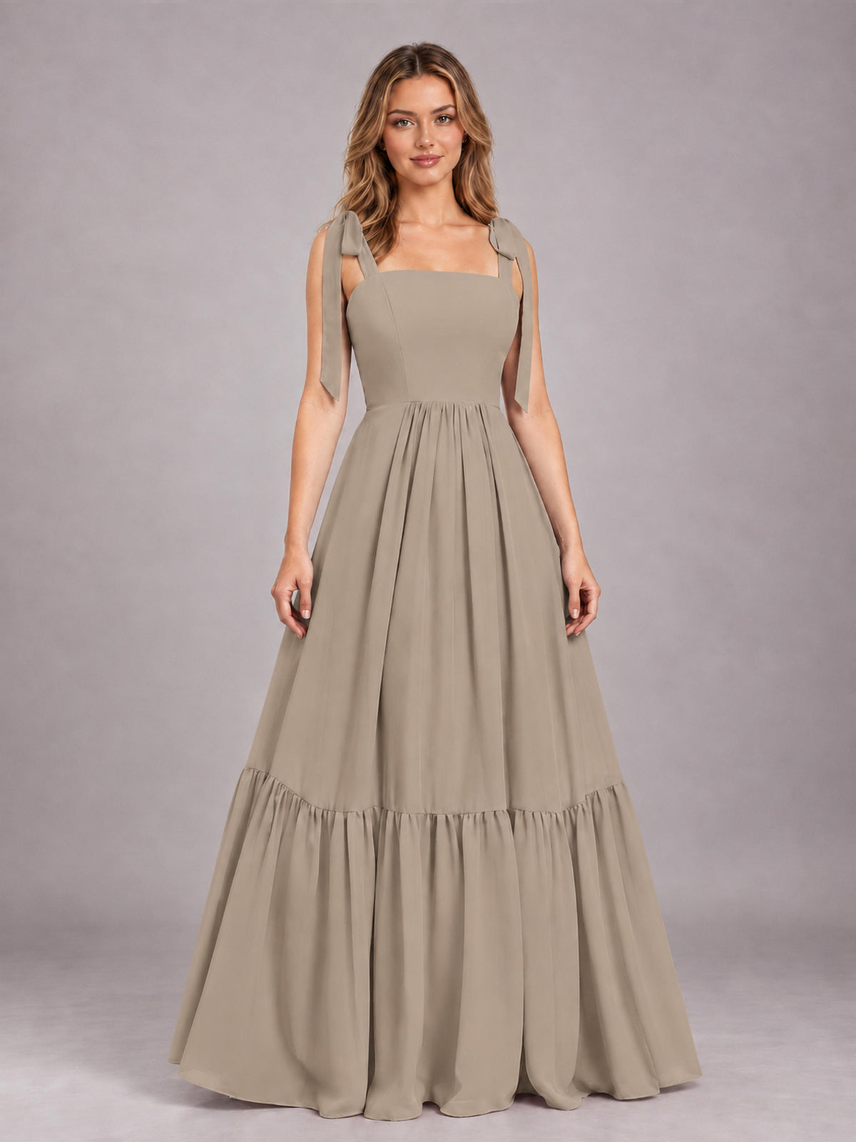 Taupe Chic Sleeveless Lace Up Back Floor Length Chiffon Bridesmaid Dress