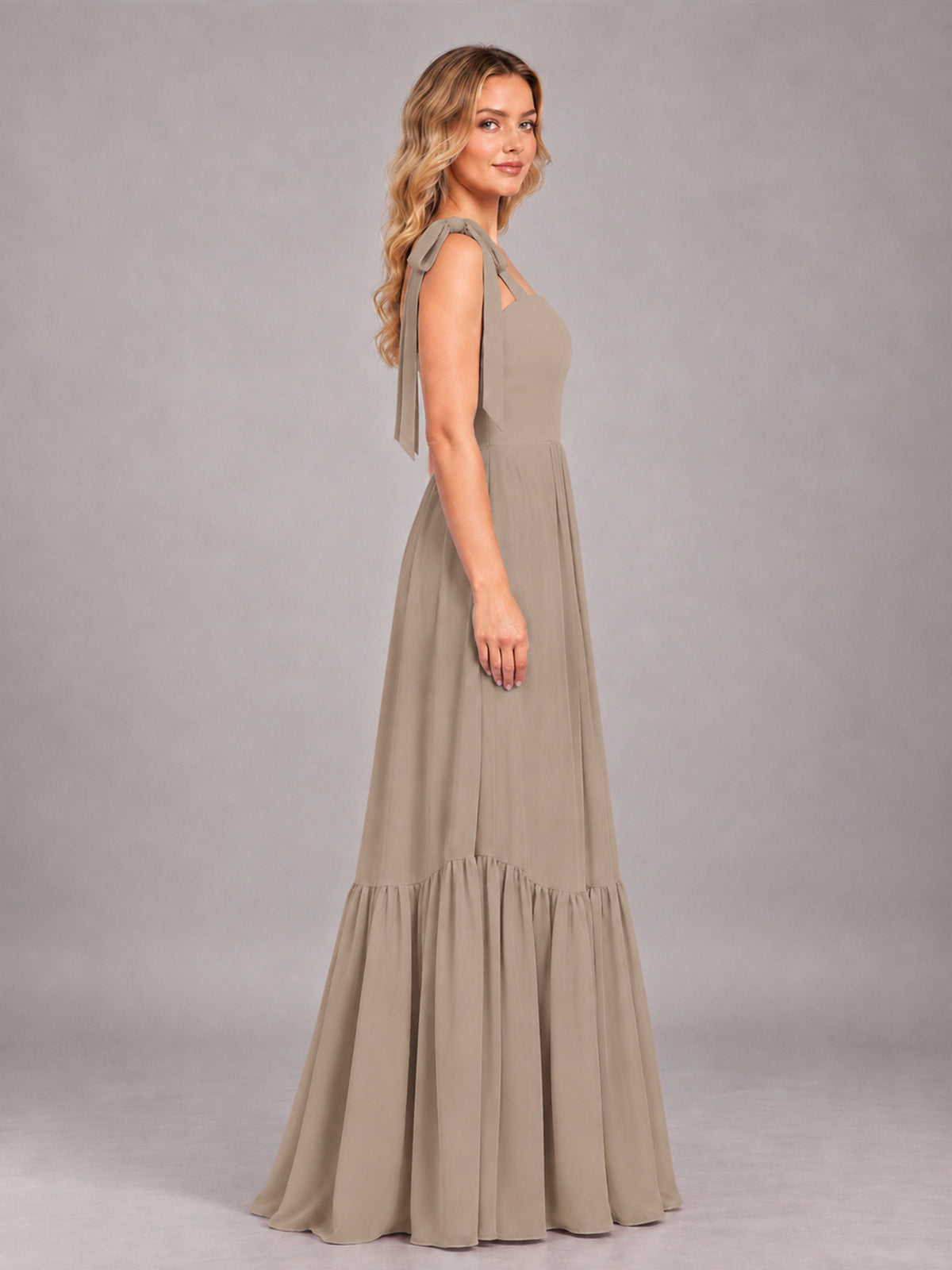 Taupe Chic Sleeveless Lace Up Back Floor Length Chiffon Bridesmaid Dress