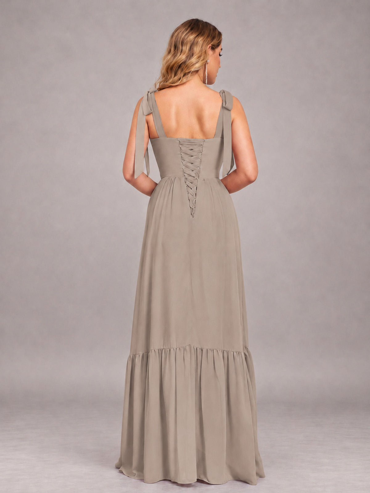 Taupe Chic Sleeveless Lace Up Back Floor Length Chiffon Bridesmaid Dress