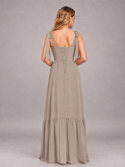 Taupe Chic Sleeveless Lace Up Back Floor Length Chiffon Bridesmaid Dress