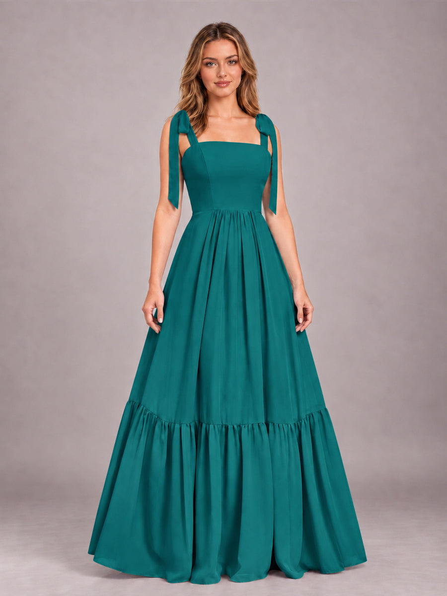 Teal Chic Sleeveless Lace Up Back Floor Length Chiffon Bridesmaid Dress