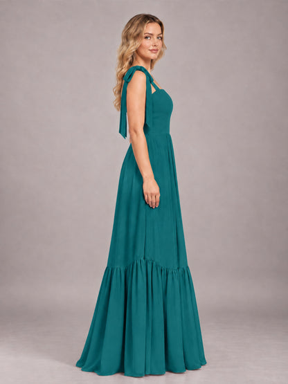 Teal Chic Sleeveless Lace Up Back Floor Length Chiffon Bridesmaid Dress