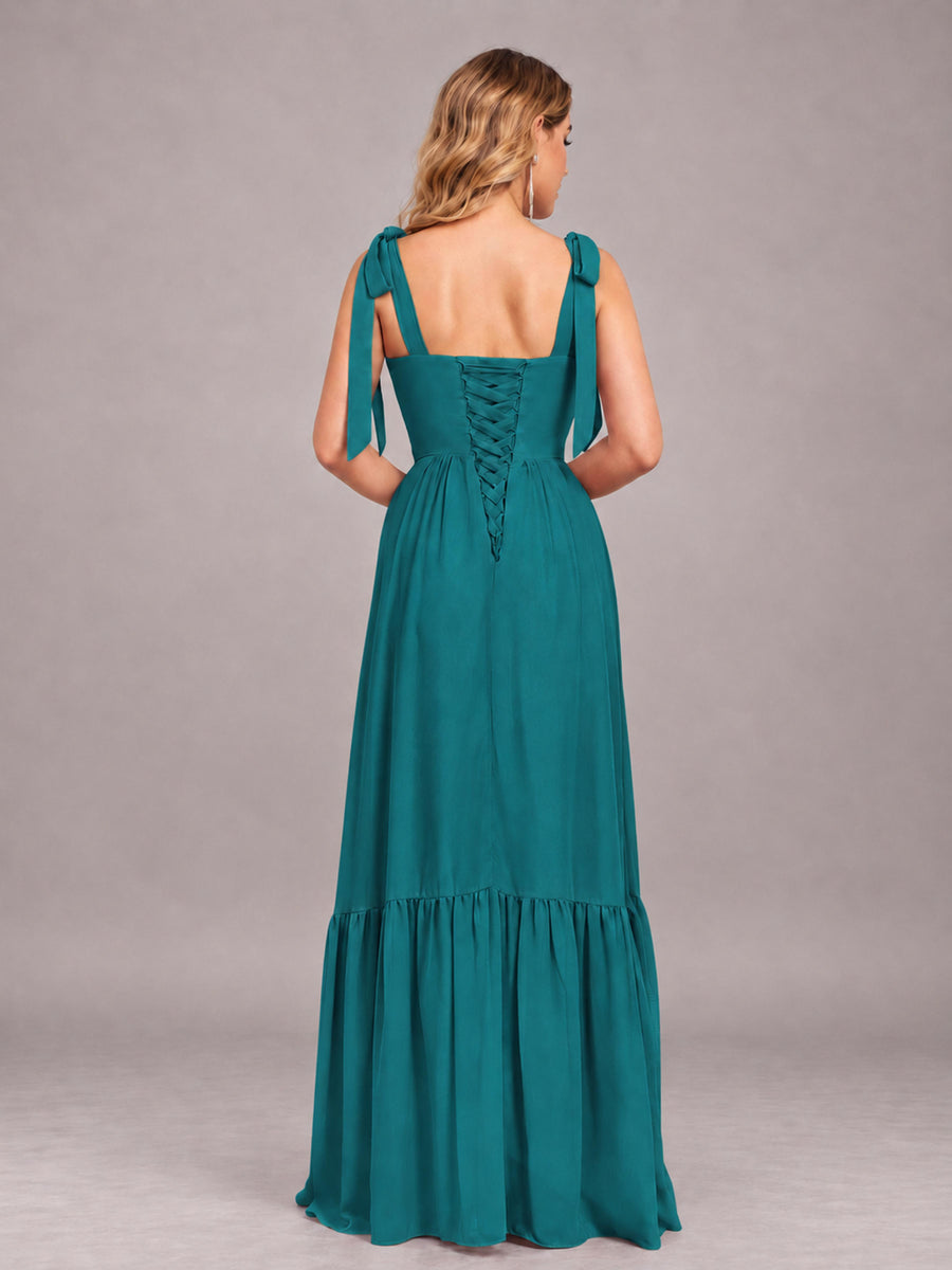 Teal Chic Sleeveless Lace Up Back Floor Length Chiffon Bridesmaid Dress