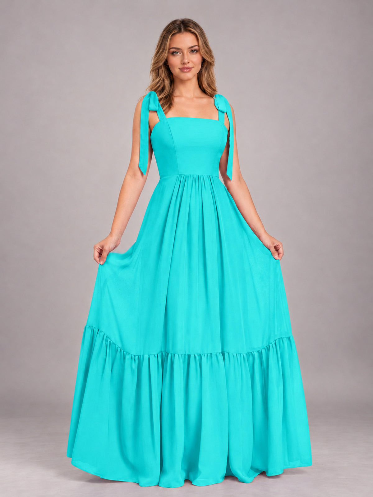 Turquoise Chic Sleeveless Lace Up Back Floor Length Chiffon Bridesmaid Dress