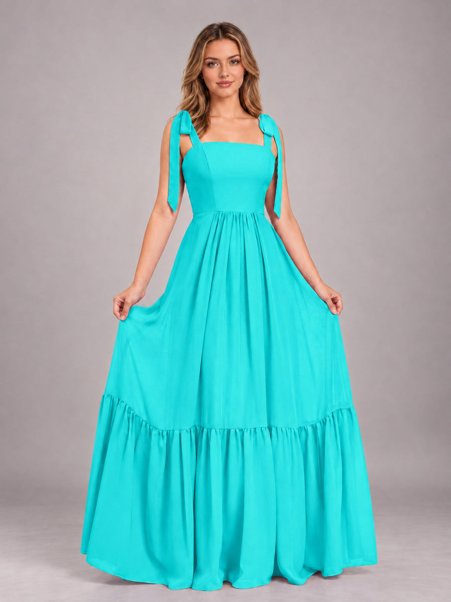 Turquoise Chic Sleeveless Lace Up Back Floor Length Chiffon Bridesmaid Dress