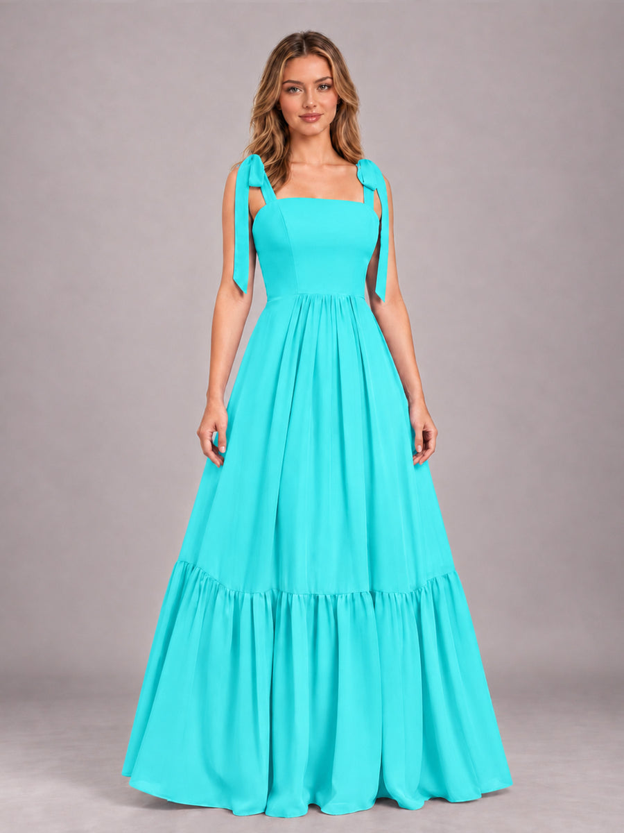 Turquoise Chic Sleeveless Lace Up Back Floor Length Chiffon Bridesmaid Dress