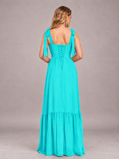 Turquoise Chic Sleeveless Lace Up Back Floor Length Chiffon Bridesmaid Dress