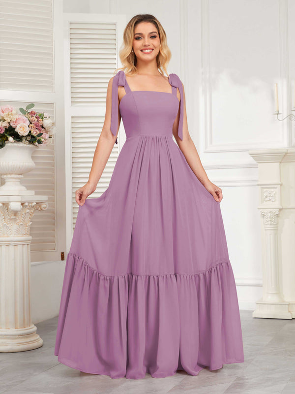 Dusty Purple Chic Sleeveless Lace Up Back Floor Length Chiffon Bridesmaid Dresses