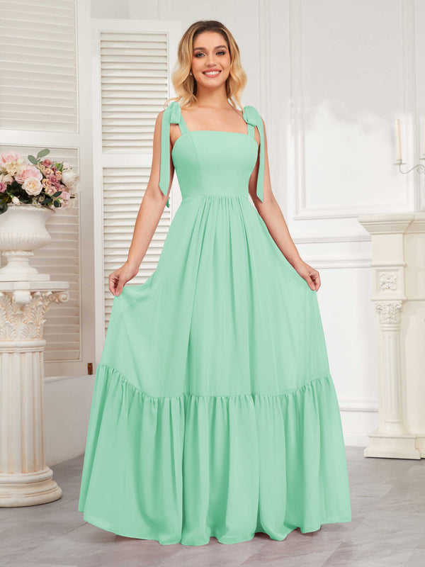 Mint Green Chic Sleeveless Lace Up Back Floor Length Chiffon Bridesmaid Dresses