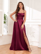 Chic Spaghetti Straps Slit Bow Back Long Stretch Satin Party Dresses