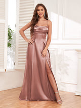 Chic Spaghetti Straps Slit Bow Back Long Stretch Satin Party Dresses