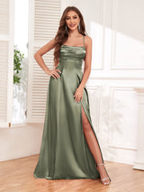 Chic Spaghetti Straps Slit Bow Back Long Stretch Satin Party Dresses