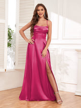 Chic Spaghetti Straps Slit Bow Back Long Stretch Satin Party Dresses