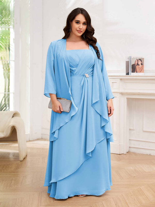 Light Blue Chic Two Pieces Beading Chiffon Floor Length Plus Size Mother Of The Bride Dresses