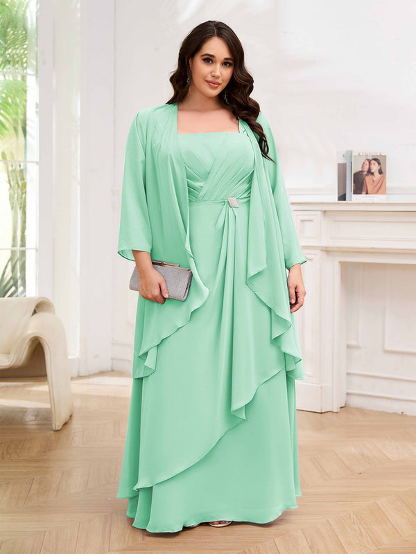 Mint Green Chic Two Pieces Beading Chiffon Floor Length Plus Size Mother Of The Bride Dresses