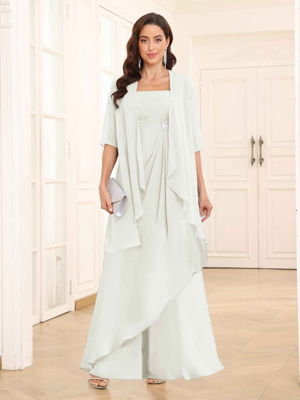 Ivory Chic Two-Pieces Ruched Long Chiffon Mother Of The Bride Dresses
