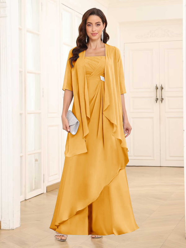 Mustard Chic Two-Pieces Ruched Long Chiffon Mother Of The Bride Dresses