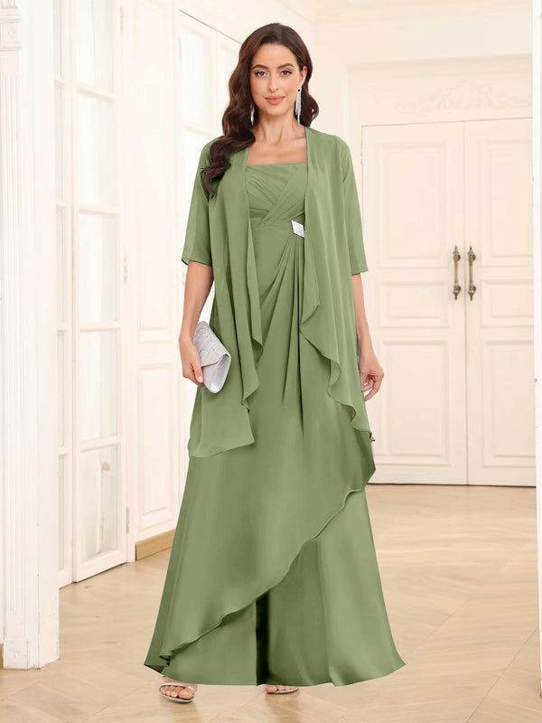 Olive Green Chic Two-Pieces Ruched Long Chiffon Mother Of The Bride Dresses