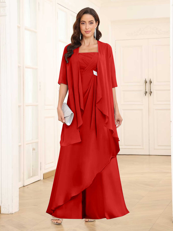 Red Chic Two-Pieces Ruched Long Chiffon Mother Of The Bride Dresses