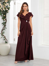 Chic V-Neck Beading Ruched Chiffon Floor Length Mother Of The Bride Dresses