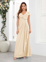 Chic V-Neck Beading Ruched Chiffon Floor Length Mother Of The Bride Dresses