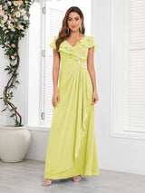 Chic V-Neck Beading Ruched Chiffon Floor Length Mother Of The Bride Dresses