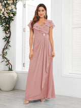 Chic V-Neck Beading Ruched Chiffon Floor Length Mother Of The Bride Dresses